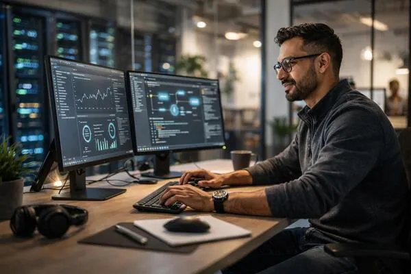 Confident business owner at a clean desk with technology running smoothly